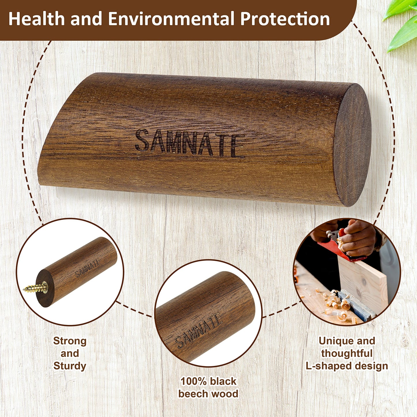 SAMNATE Elegant Wooden Coat Hooks - Wall Mounted Solid Oak Rack with Pegs for Hanging Coats, Towels, and Accessories