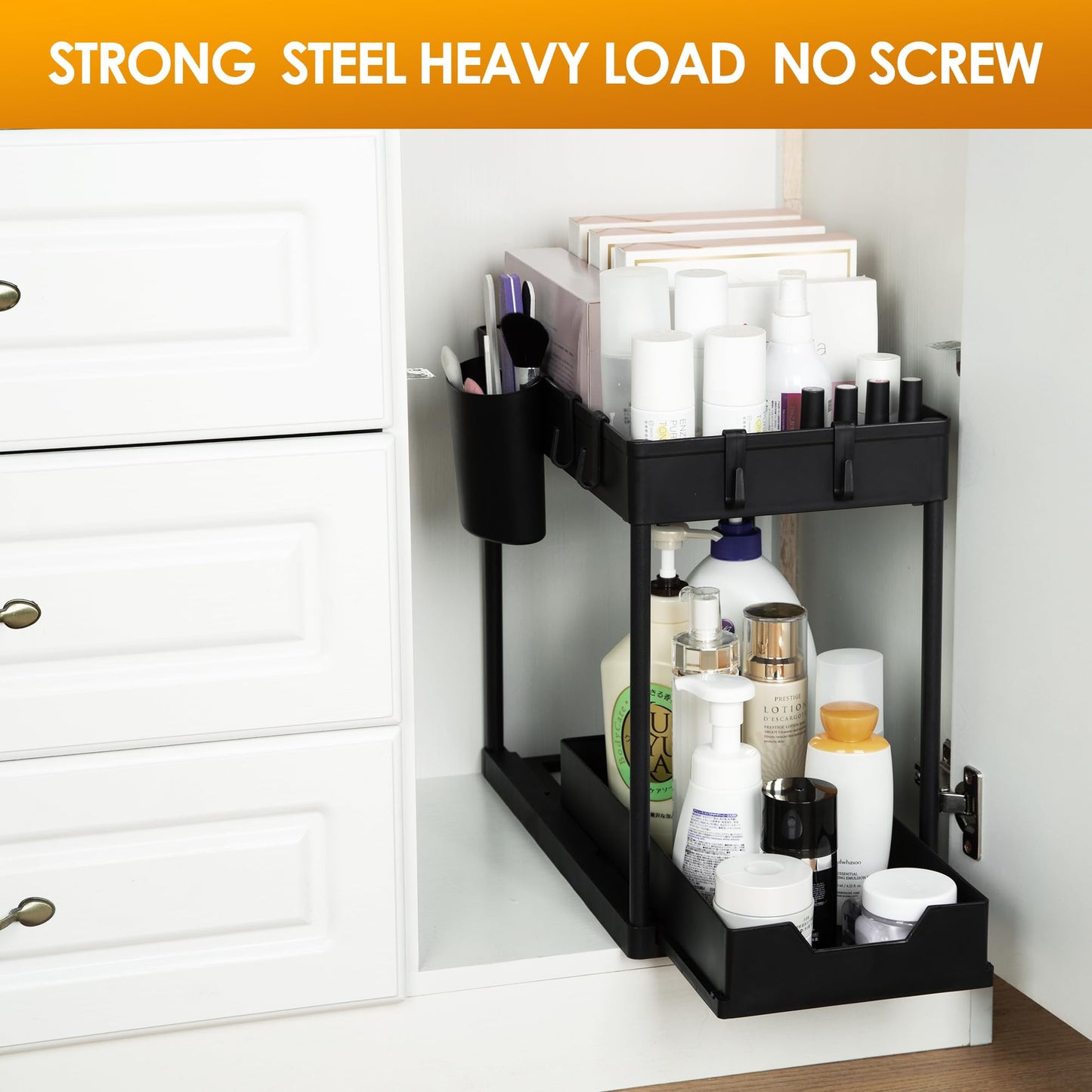 SAMNATE 2 Tier Under Sink Storage, Black Under Sink Storage Shelf with Bottom Sliding Basket Drawer,4 Hooks, 2 Hanging Cup, Slim Under Sink Organizer for Kitchen, Bathroom,(Black)