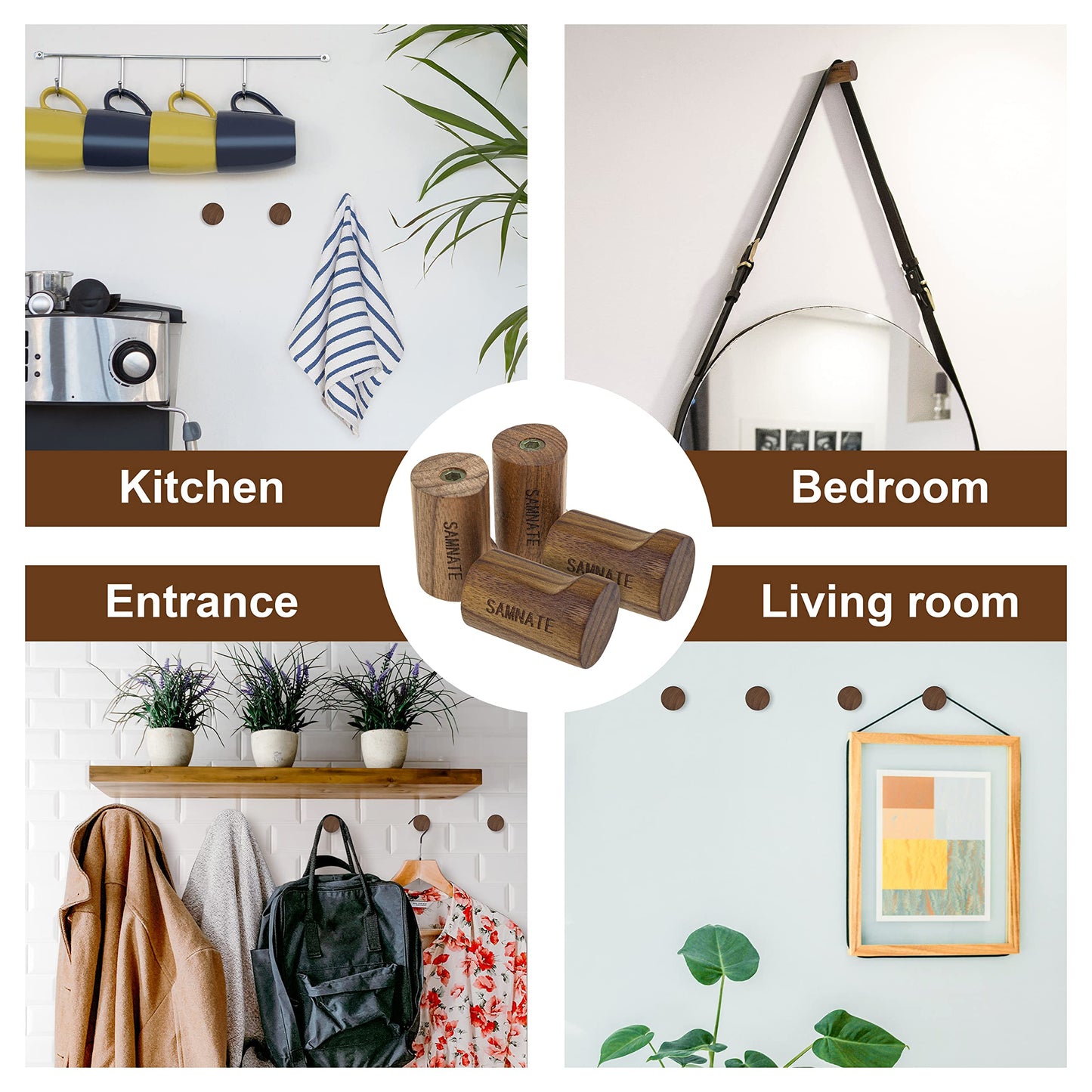 SAMNATE Elegant Wooden Coat Hooks - Wall Mounted Solid Oak Rack with Pegs for Hanging Coats, Towels, and Accessories