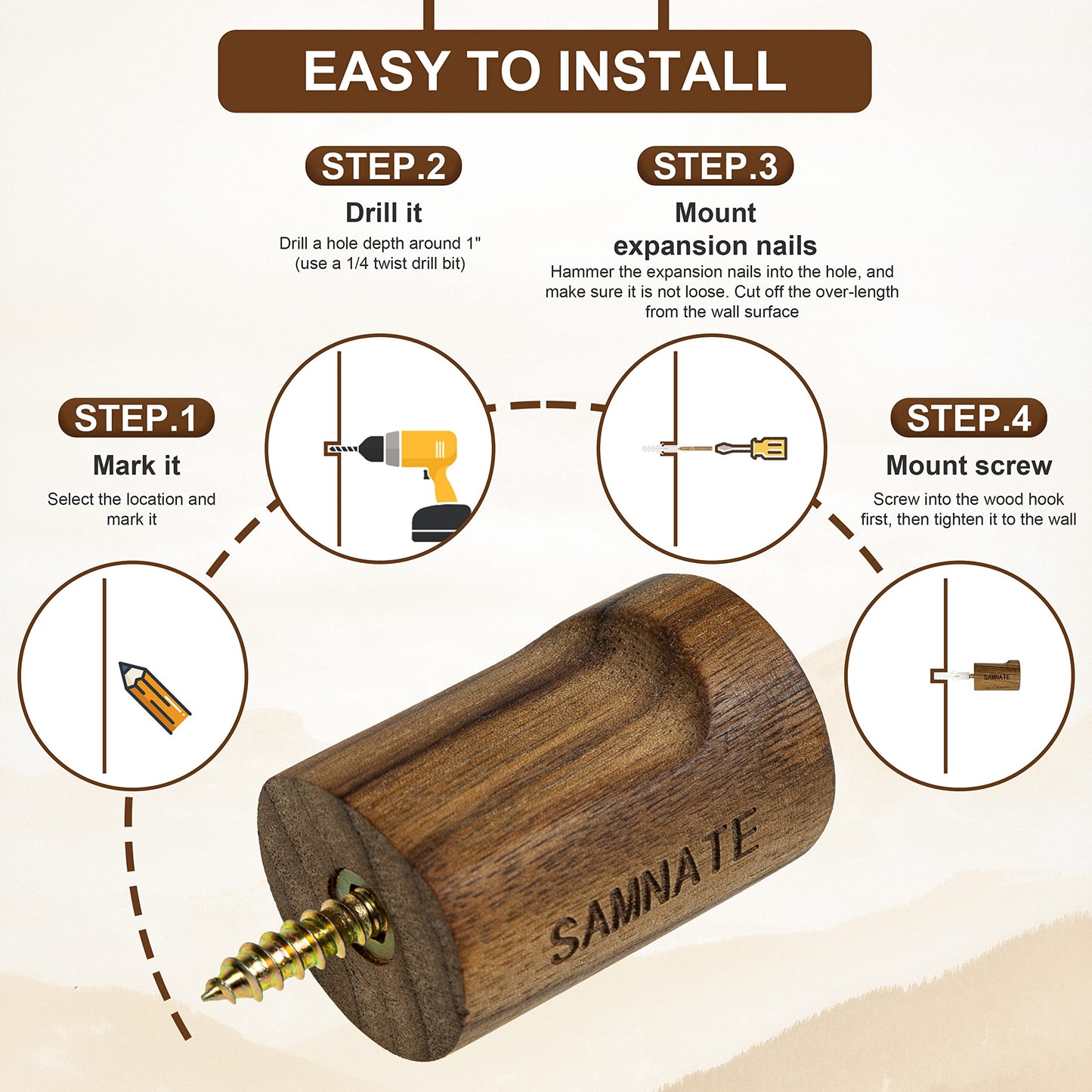 SAMNATE Elegant Wooden Coat Hooks - Wall Mounted Solid Oak Rack with Pegs for Hanging Coats, Towels, and Accessories