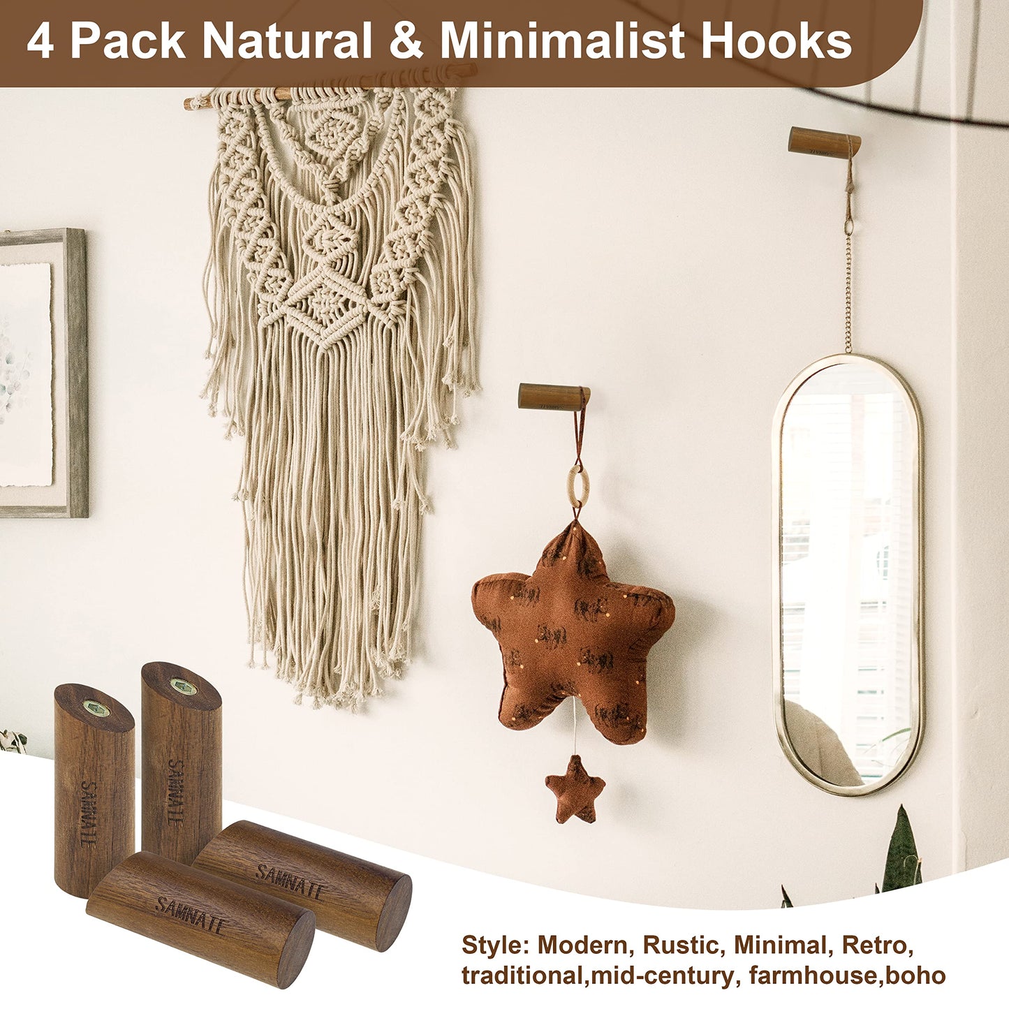 SAMNATE Elegant Wooden Coat Hooks - Wall Mounted Solid Oak Rack with Pegs for Hanging Coats, Towels, and Accessories