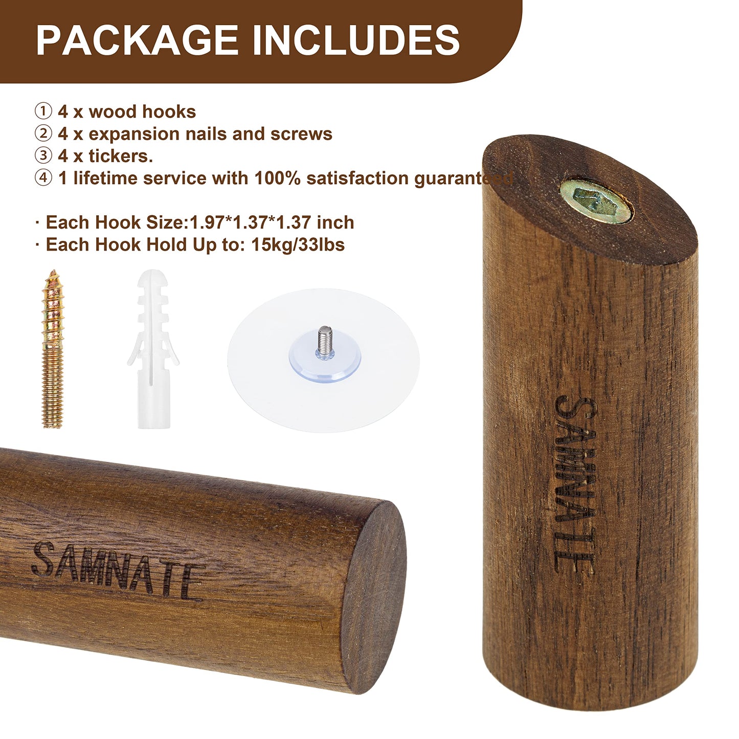 SAMNATE Elegant Wooden Coat Hooks - Wall Mounted Solid Oak Rack with Pegs for Hanging Coats, Towels, and Accessories
