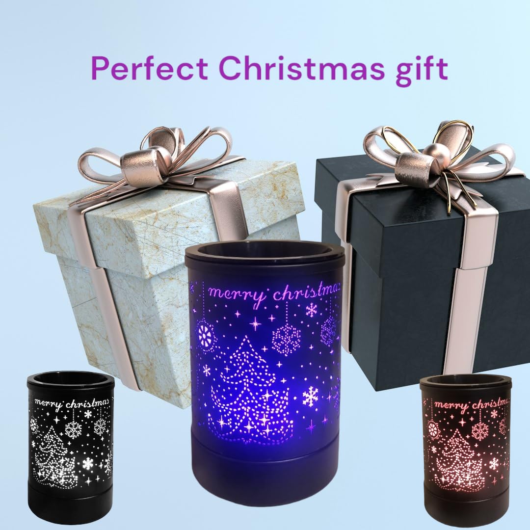 SAMNATE Electric Wax Melt Warmer Black metal Oil Burner lamp Fragrance Scented Melter with 7 Colors LED Changing Light Replacement Silicone Tray for living home (Xmas Pattern)