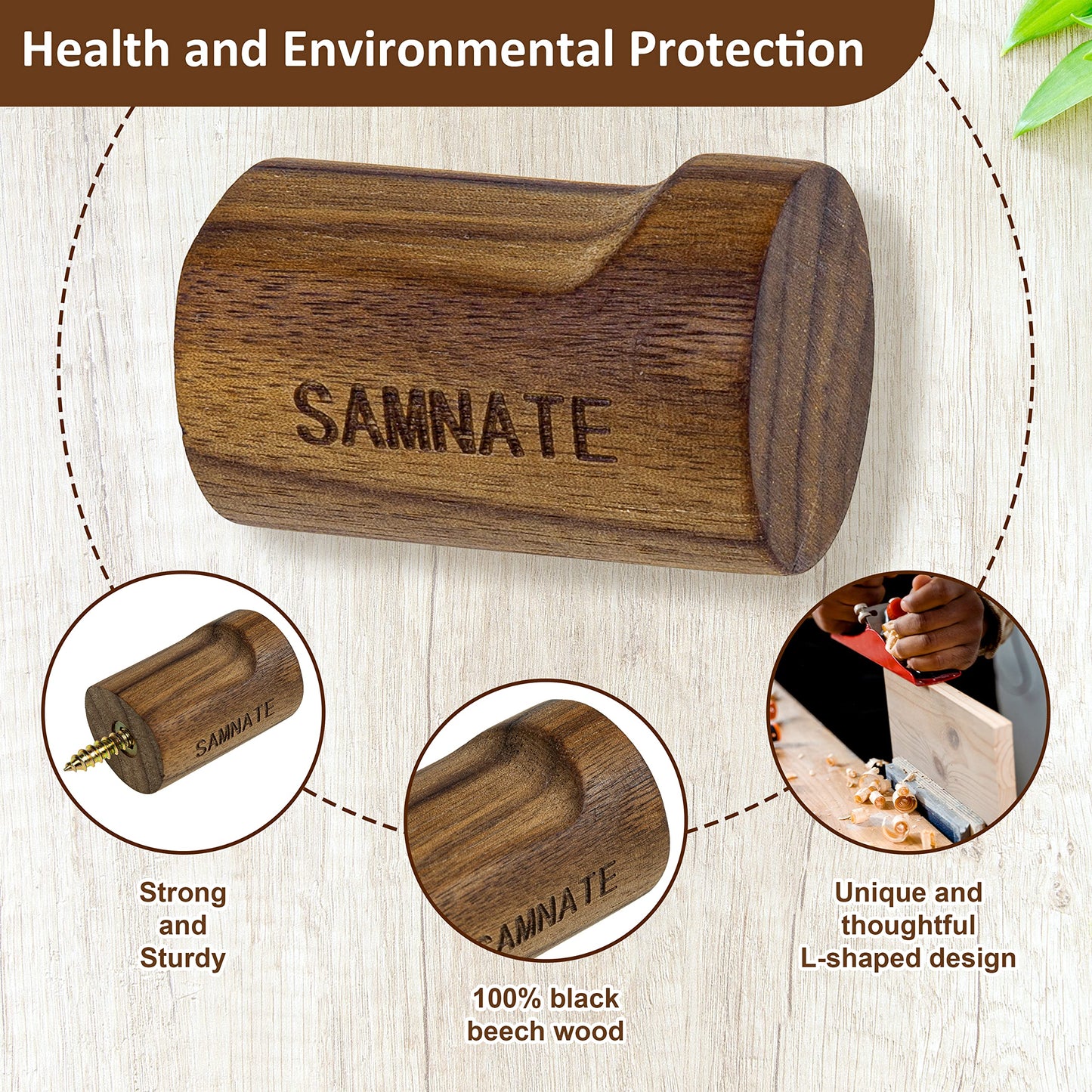 SAMNATE Elegant Wooden Coat Hooks - Wall Mounted Solid Oak Rack with Pegs for Hanging Coats, Towels, and Accessories