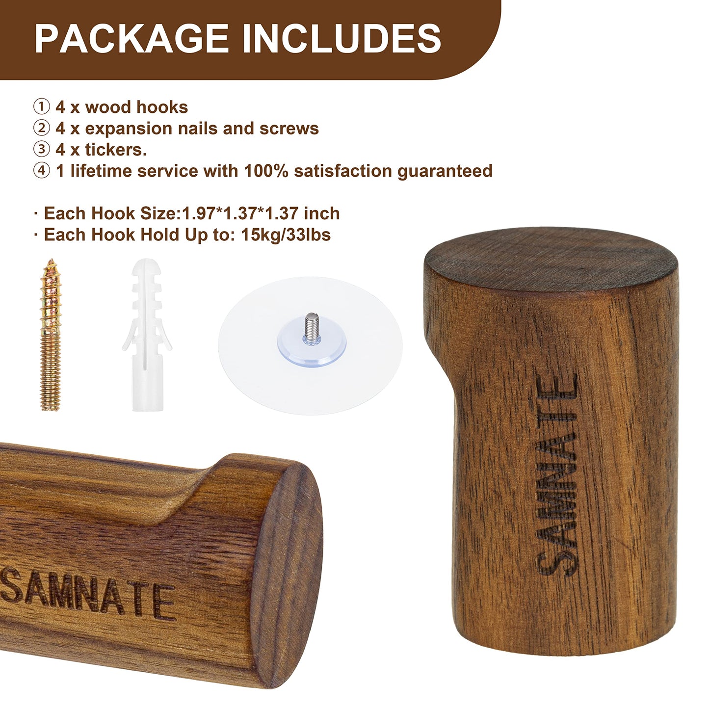 SAMNATE Elegant Wooden Coat Hooks - Wall Mounted Solid Oak Rack with Pegs for Hanging Coats, Towels, and Accessories