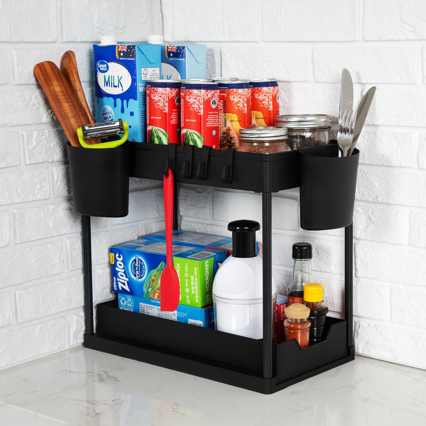 SAMNATE 2 Tier Under Sink Storage, Black Under Sink Storage Shelf with Bottom Sliding Basket Drawer,4 Hooks, 2 Hanging Cup, Slim Under Sink Organizer for Kitchen, Bathroom,(Black)