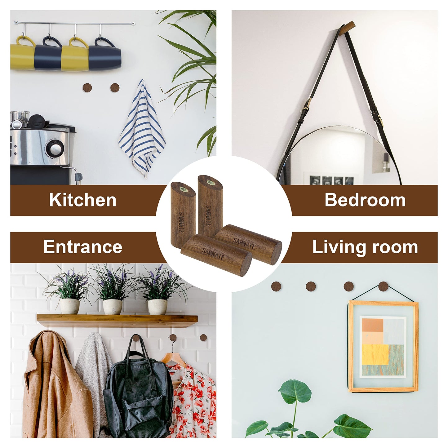 SAMNATE Elegant Wooden Coat Hooks - Wall Mounted Solid Oak Rack with Pegs for Hanging Coats, Towels, and Accessories