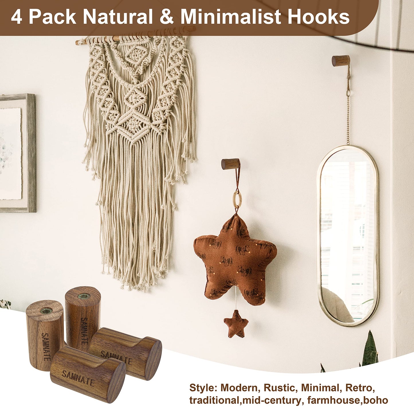 SAMNATE Elegant Wooden Coat Hooks - Wall Mounted Solid Oak Rack with Pegs for Hanging Coats, Towels, and Accessories