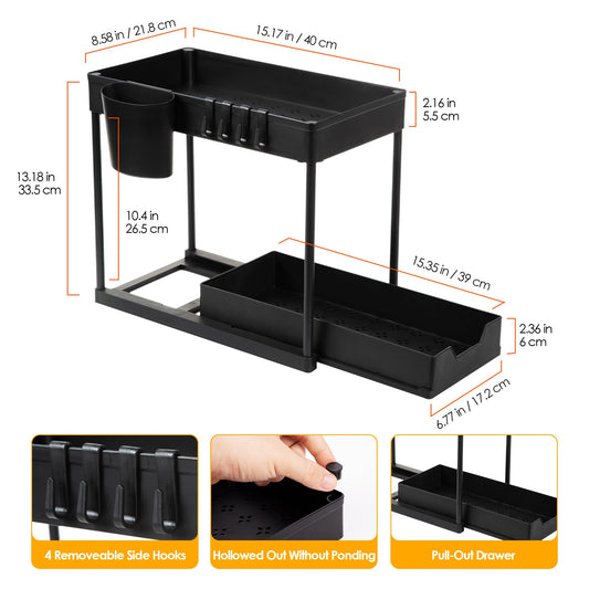 SAMNATE 2 Tier Under Sink Storage, Black Under Sink Storage Shelf with Bottom Sliding Basket Drawer,4 Hooks, 2 Hanging Cup, Slim Under Sink Organizer for Kitchen, Bathroom,(Black)