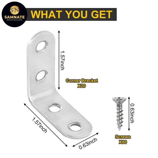 SAMNATE 20pcs 80screws(40x40x16x2.5mm ) Heavy Duty, Weatherproof Galvanized Steel Sheet L Brackets- Angle Brackets for Wood - Durable L Shaped Sleeper Brackets Set for DIY Projects